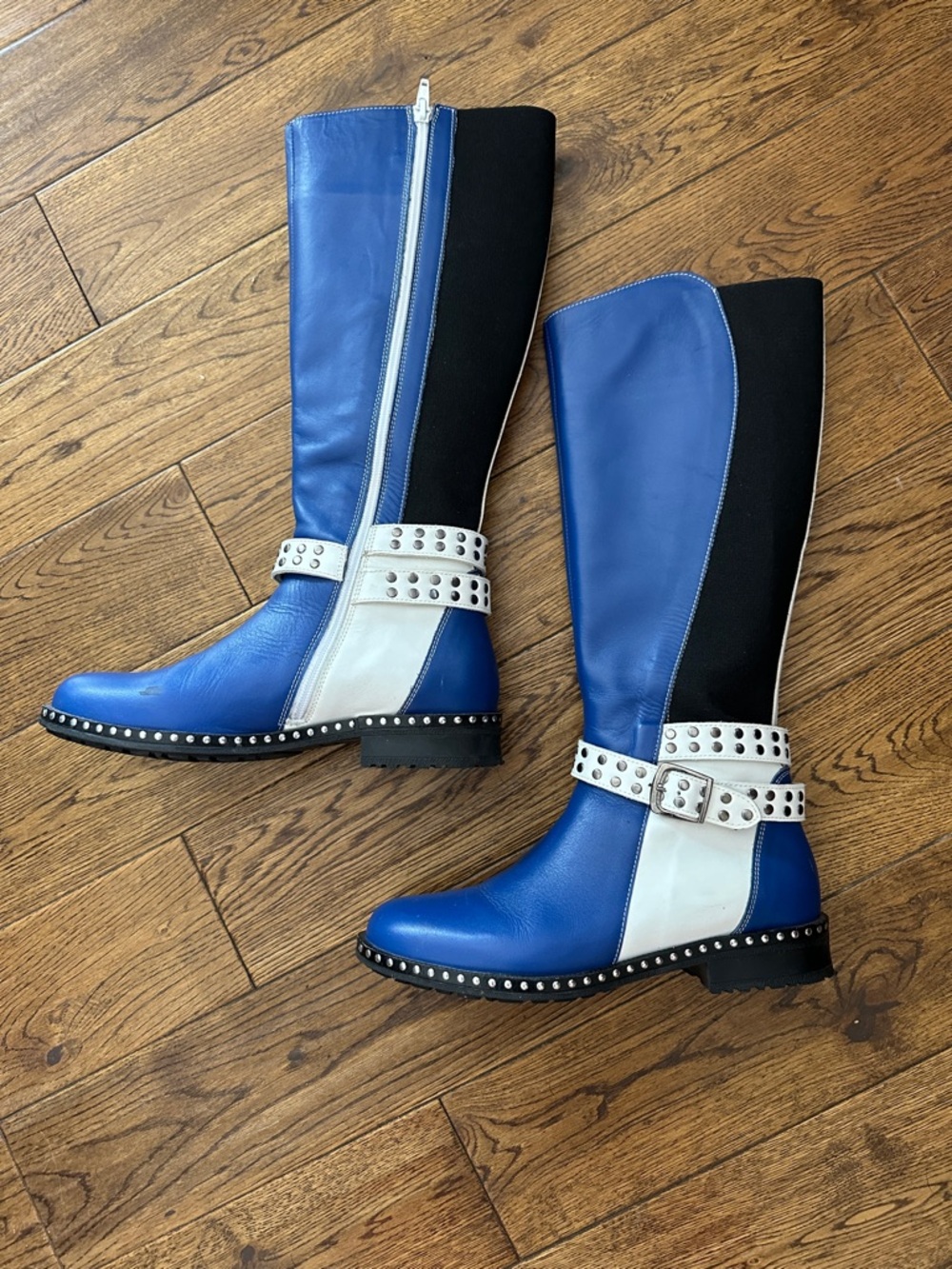Girotti custom boots Blue and White Studded Women's Riding Boots sz 39 US 9